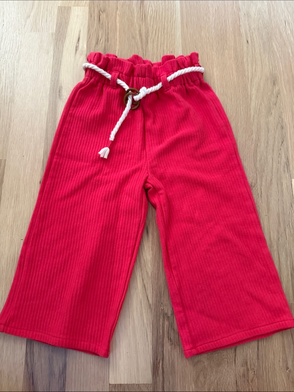 Jessica Simpson Bright Red Ribbed Wide-Leg Kids Pants with Rope Belt
